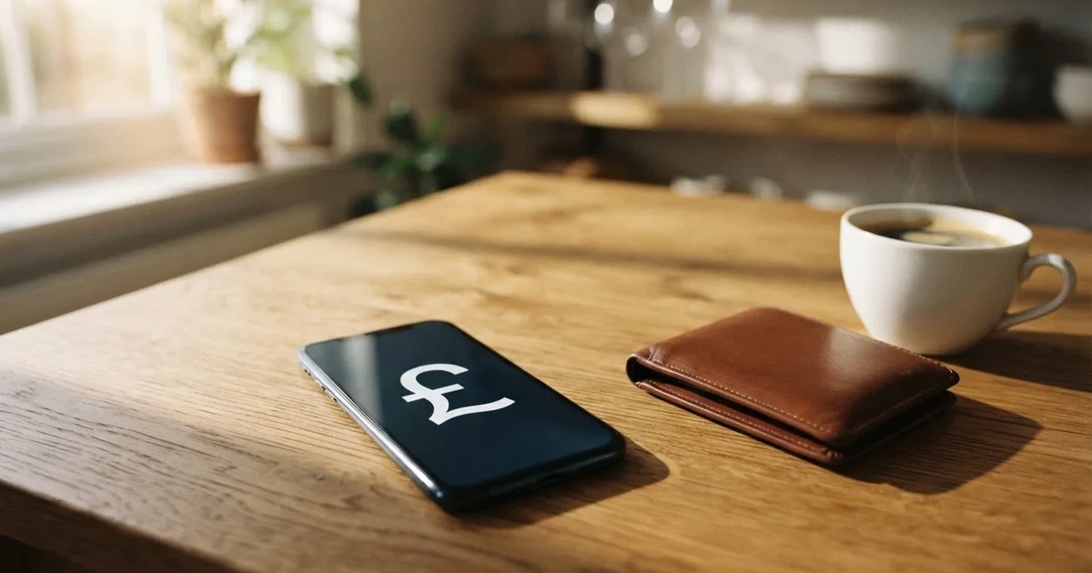 A smartphone on a wooden table beside a wallet and a coffee cup