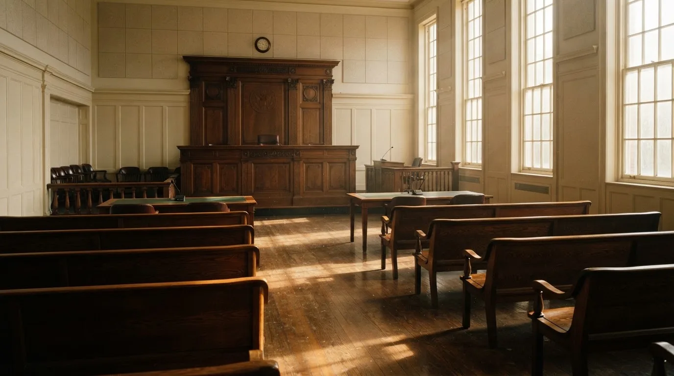 An empty courtroom with wooden benches in morning light