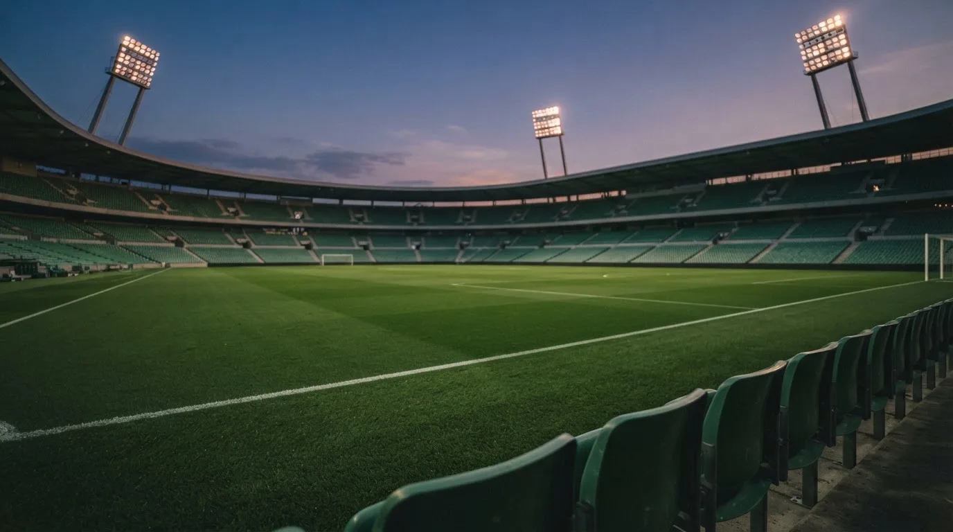 An empty football stadium with floodlight masts at dusk