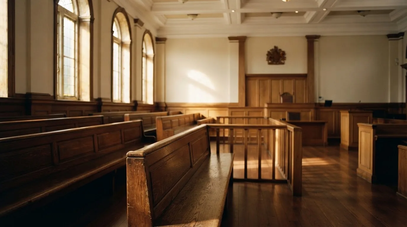 An empty courtroom with wooden benches in morning light