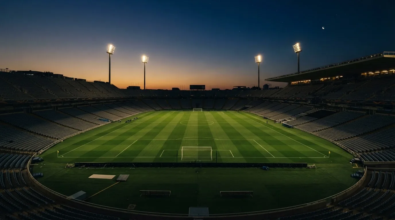 An empty football stadium with floodlight masts at dusk