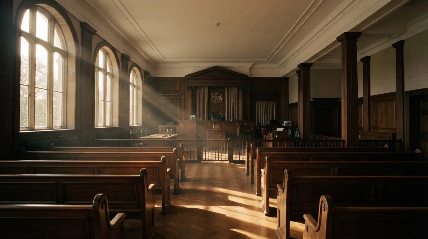 An empty courtroom with wooden benches in morning light