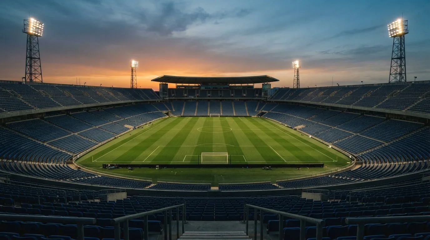 An empty football stadium with floodlight masts at dusk