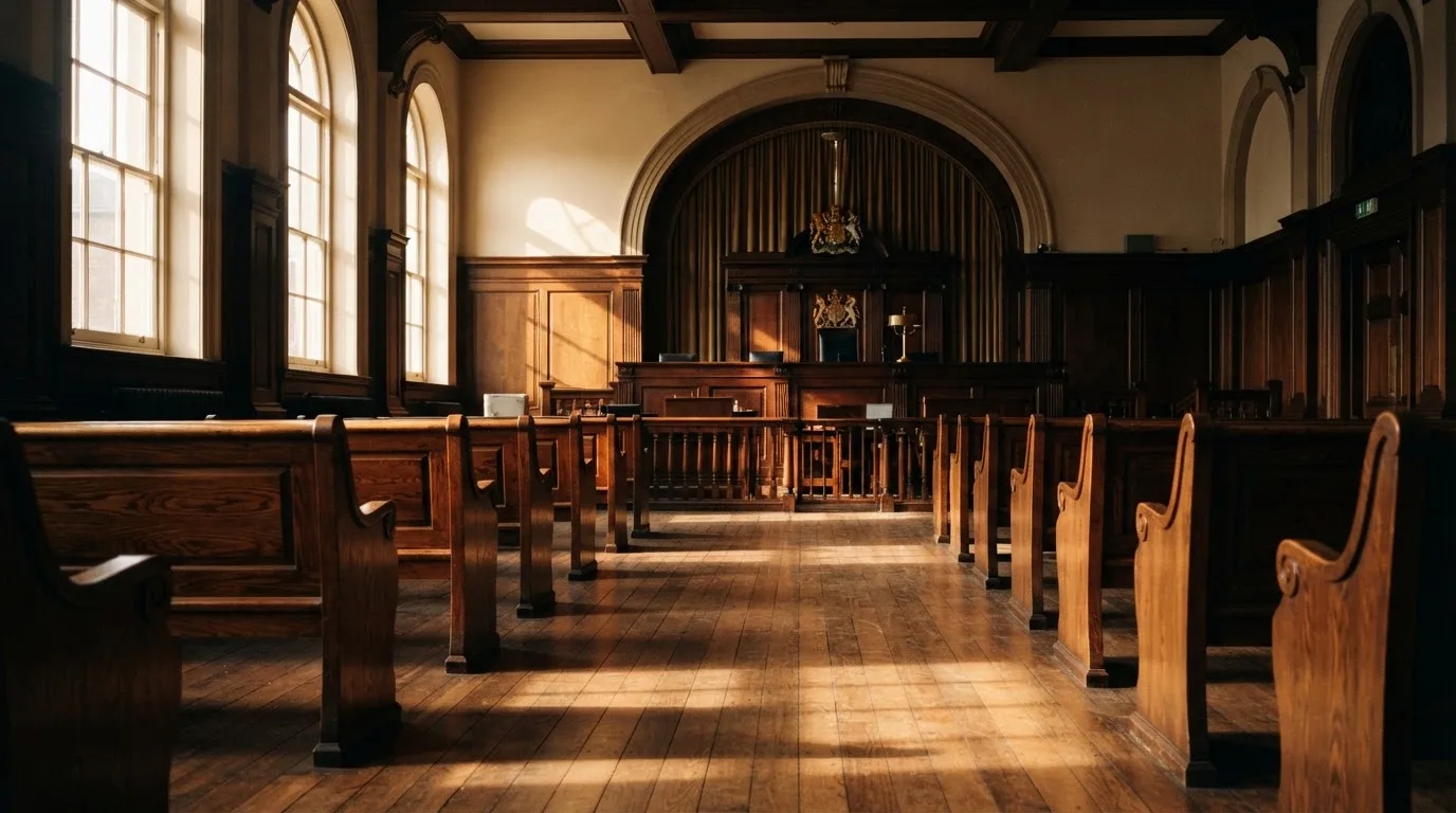 An empty courtroom with wooden benches in morning light