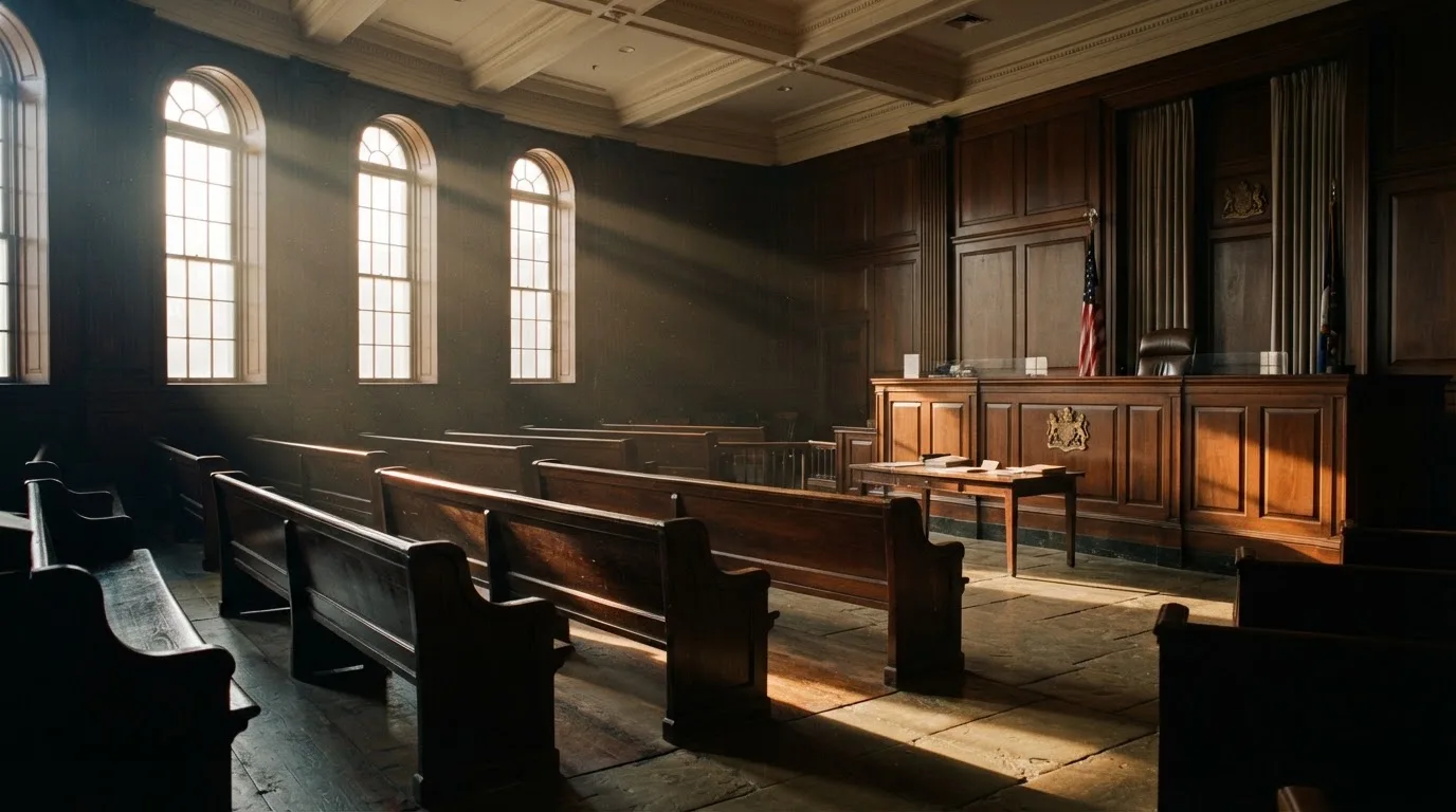 An empty courtroom with wooden benches in morning light