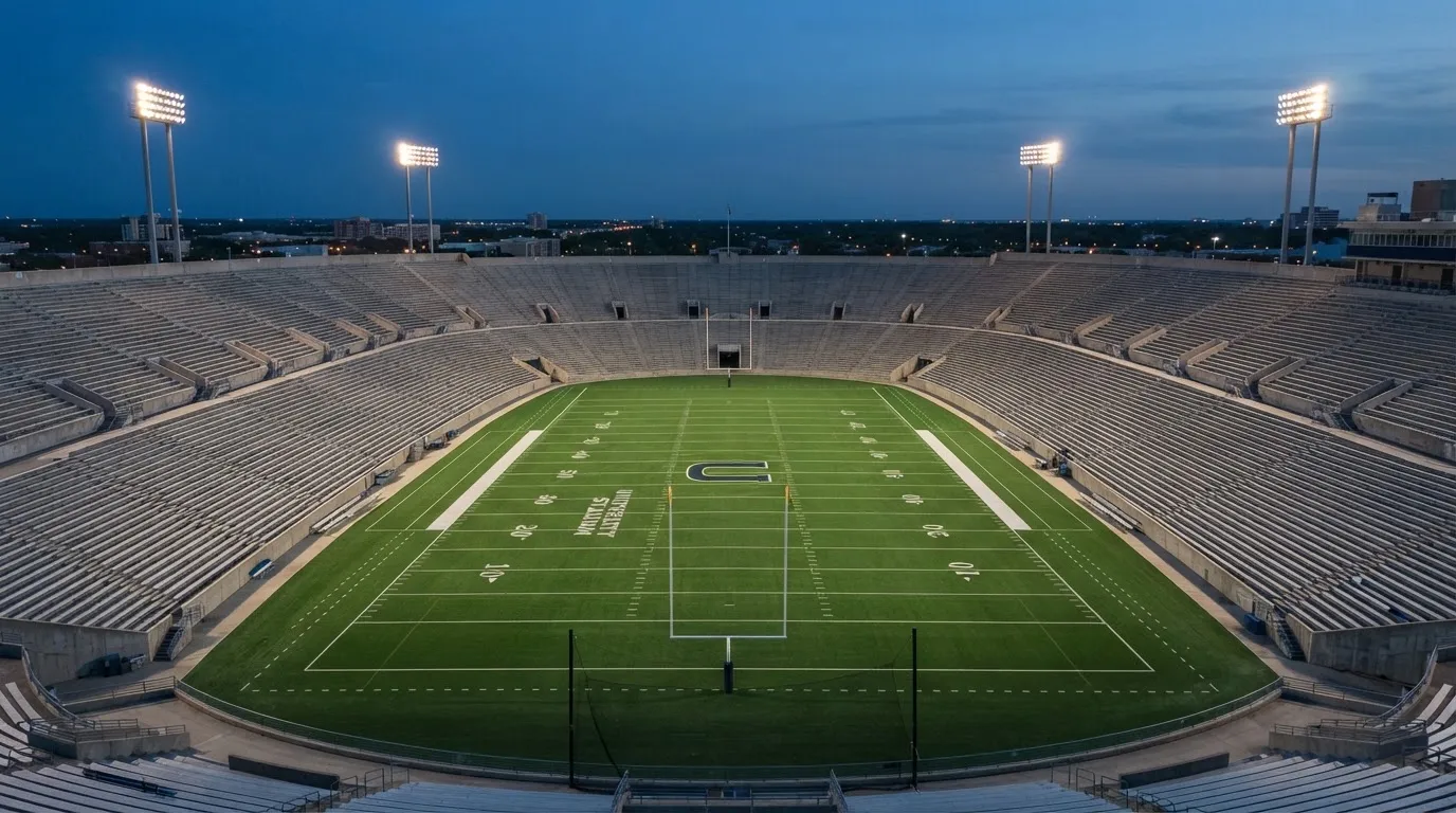 An empty football stadium with floodlight masts at dusk