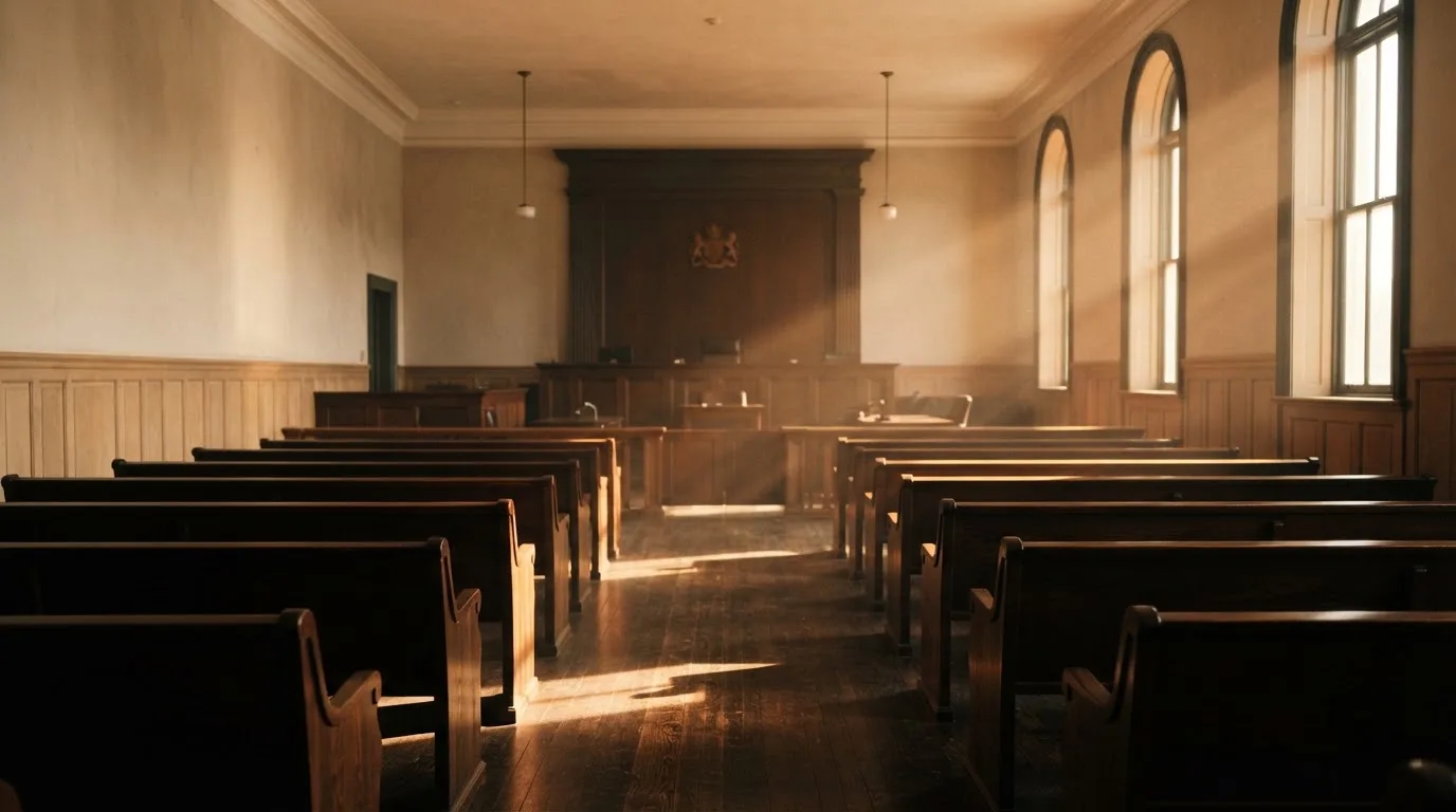 An empty courtroom with wooden benches in morning light