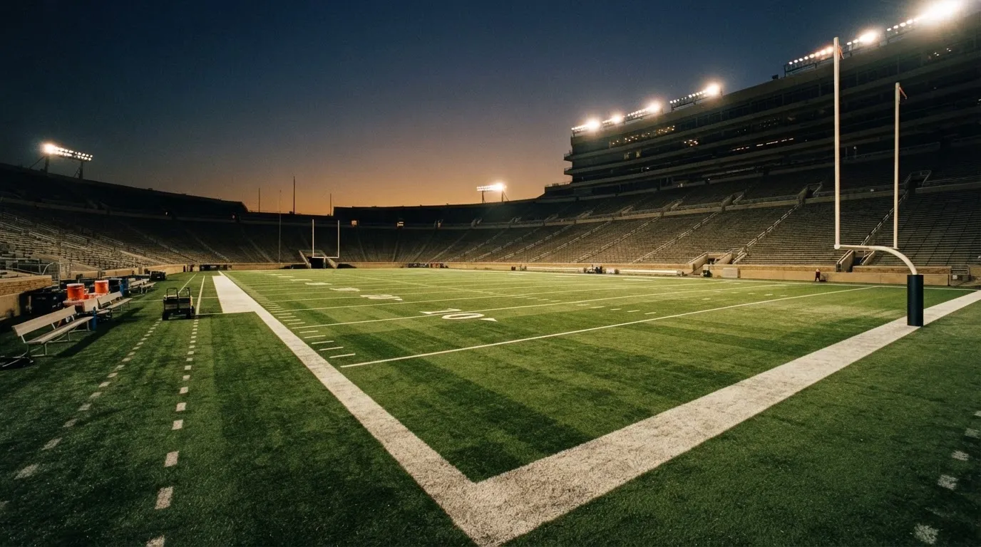 An empty football stadium with floodlight masts at dusk
