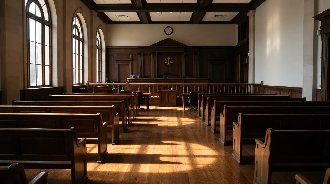 An empty courtroom with wooden benches in morning light