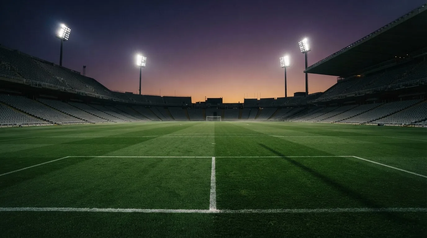 An empty football stadium with floodlight masts at dusk