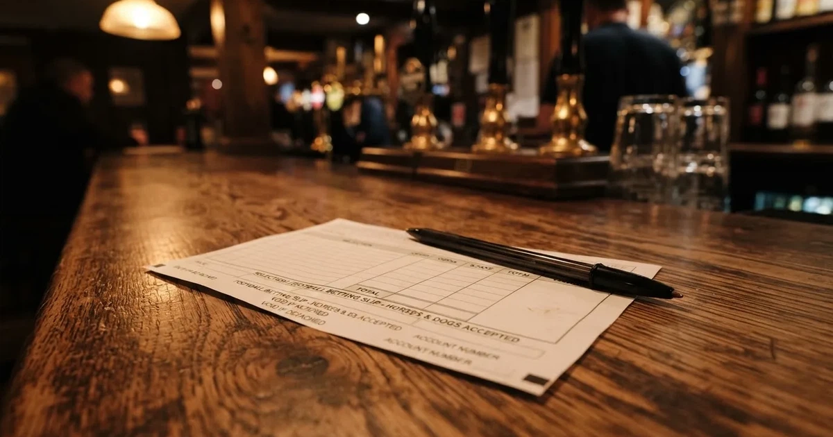 A blank paper betting slip beside a pen on a wooden counter