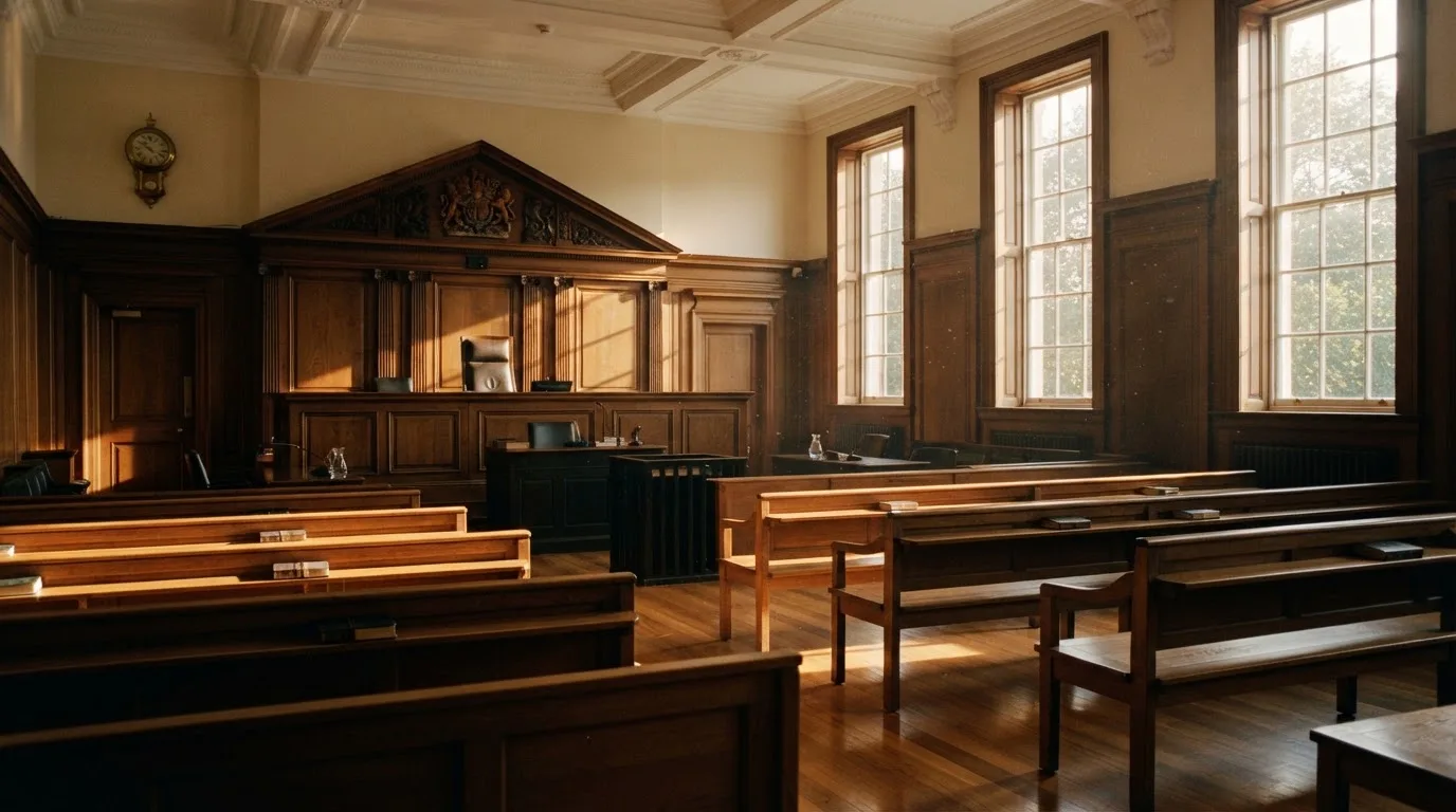 An empty courtroom with wooden benches in morning light
