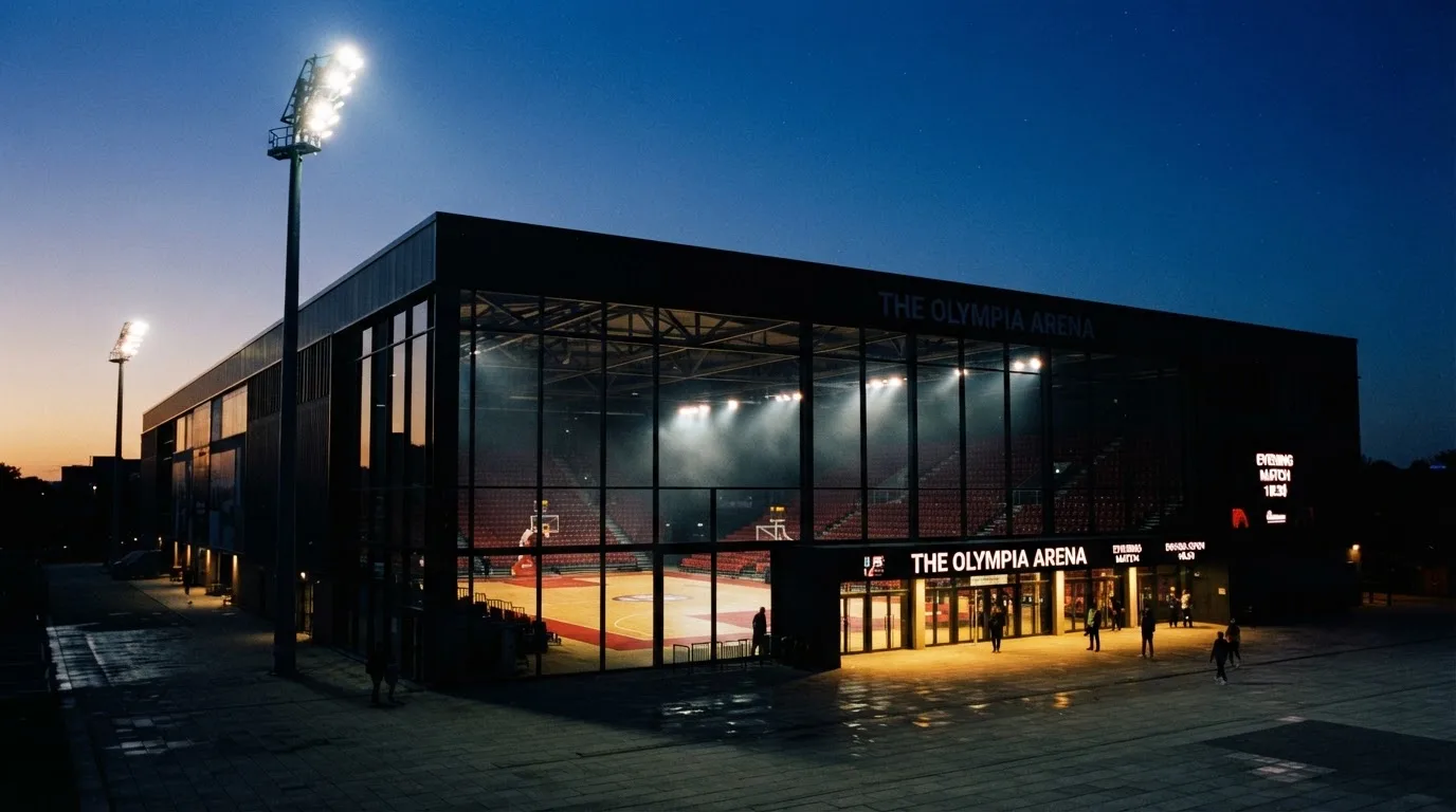 An empty football stadium with floodlight masts at dusk