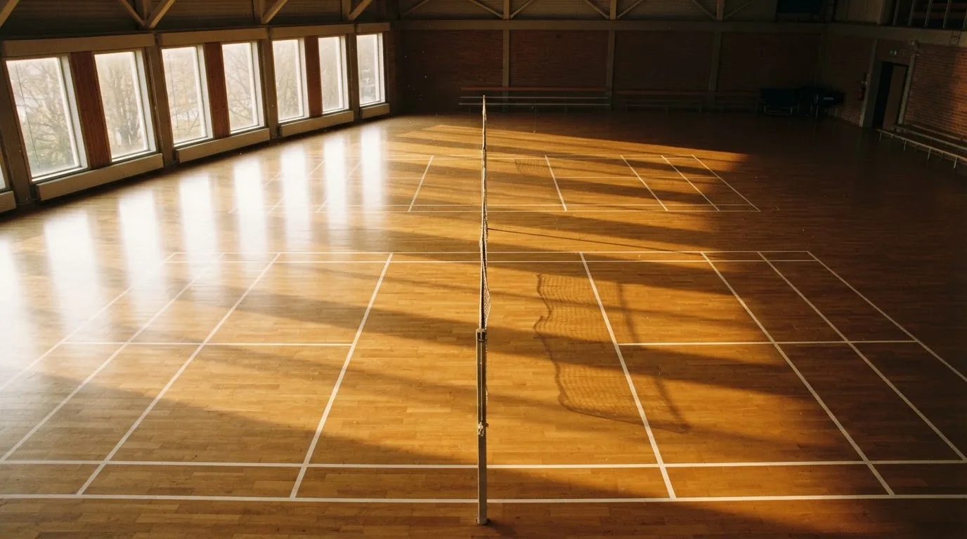 An empty courtroom with wooden benches in morning light