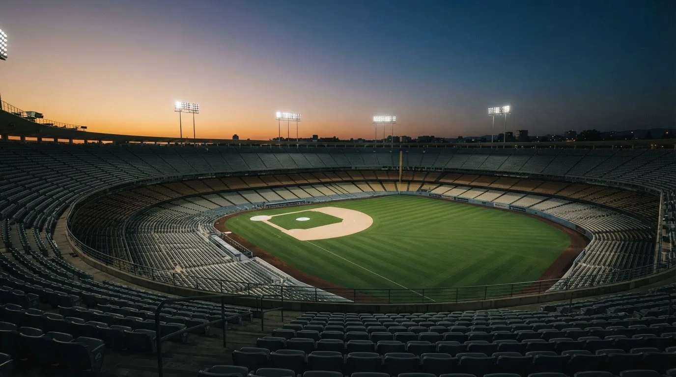 An empty football stadium with floodlight masts at dusk