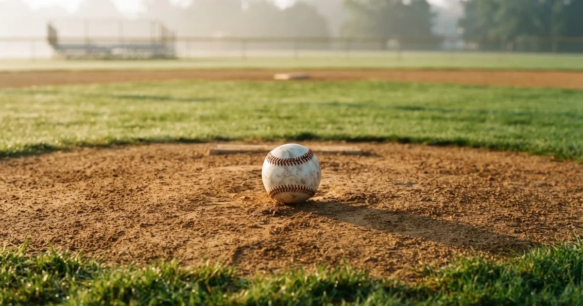 A ball on the centre spot of a grass pitch in morning light