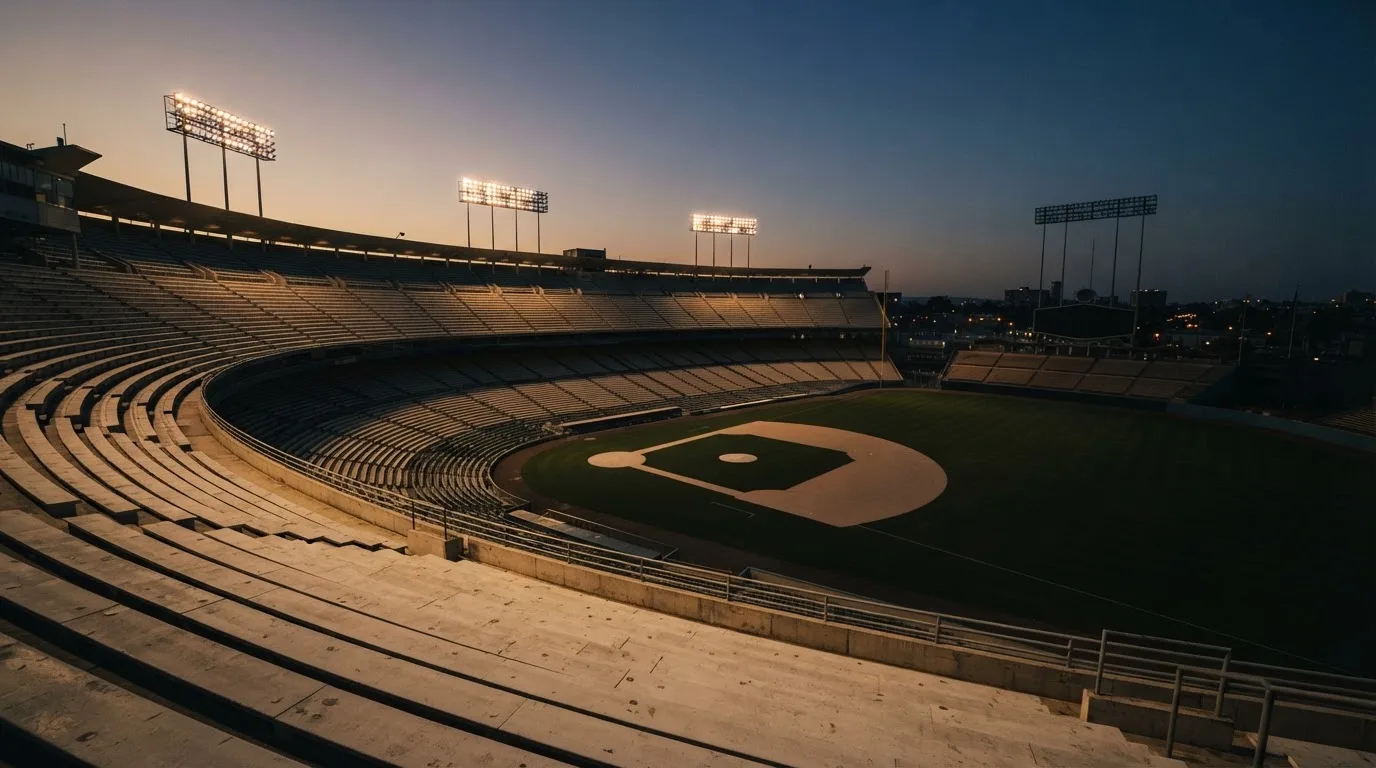 An empty football stadium with floodlight masts at dusk