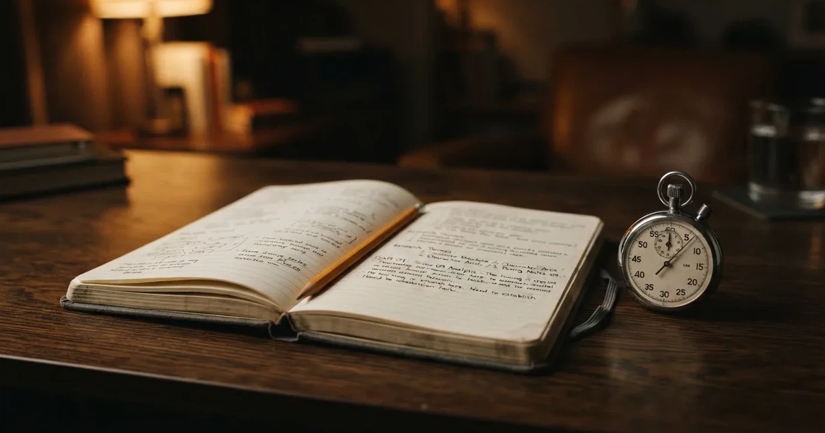 An open notebook with a pencil and a stopwatch on a wooden table