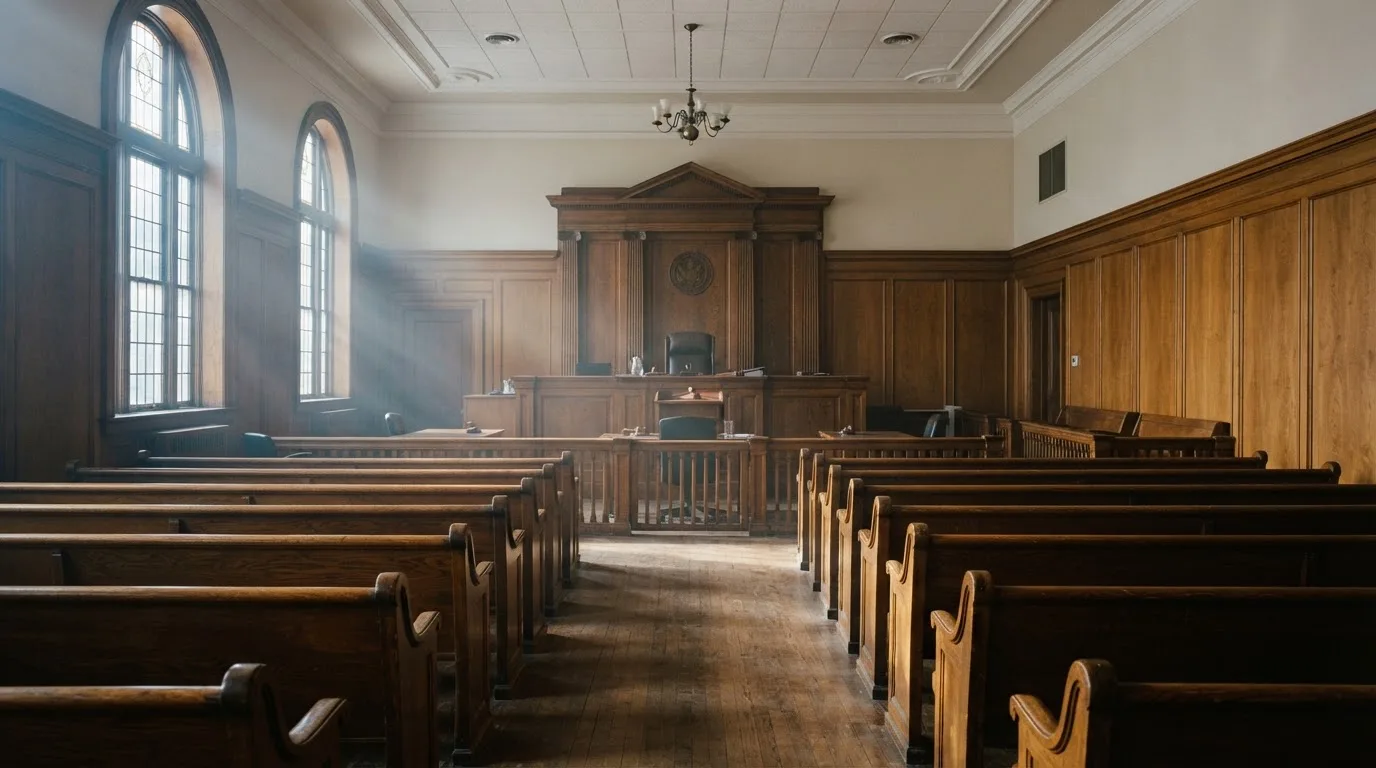 An empty courtroom with wooden benches in morning light