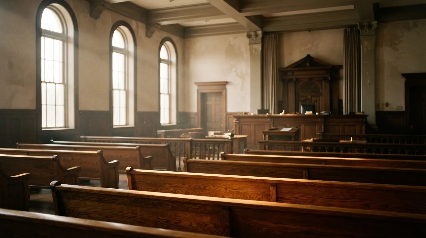 An empty courtroom with wooden benches in morning light