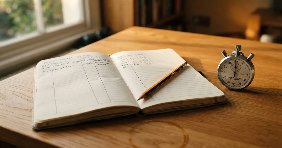An open notebook with a pencil and a stopwatch on a wooden table