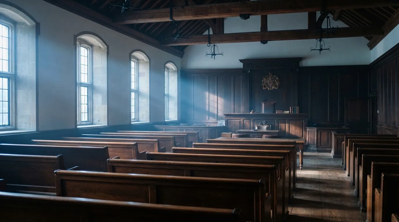 An empty courtroom with wooden benches in morning light