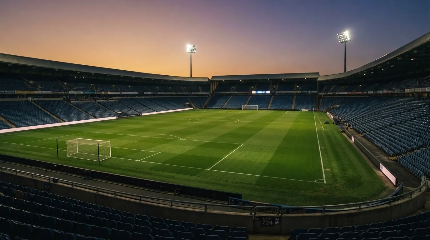 An empty football stadium with floodlight masts at dusk