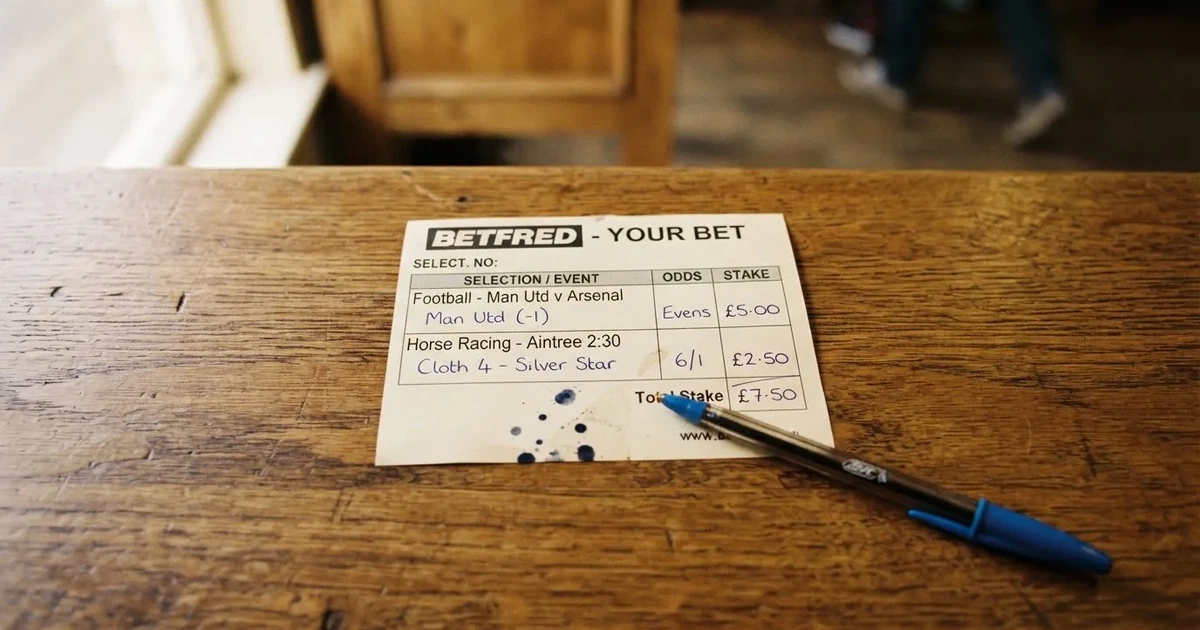 A blank paper betting slip beside a pen on a wooden counter