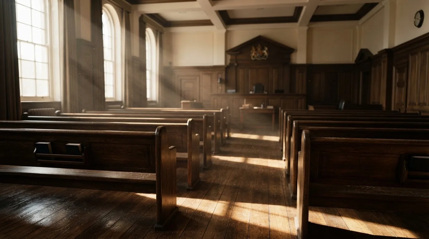 An empty courtroom with wooden benches in morning light