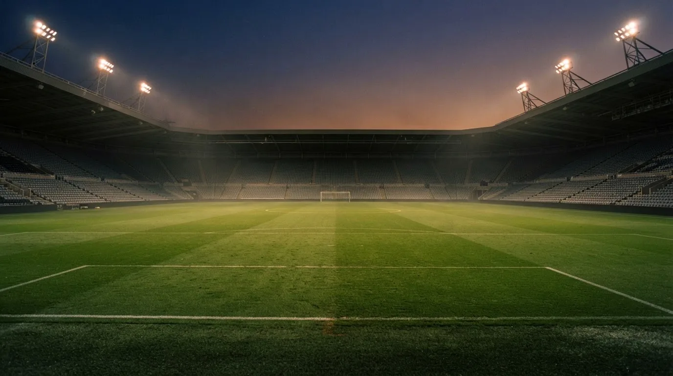 An empty football stadium with floodlight masts at dusk