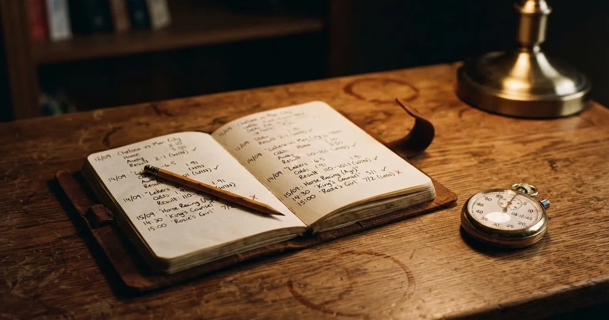 An open notebook with a pencil and a stopwatch on a wooden table