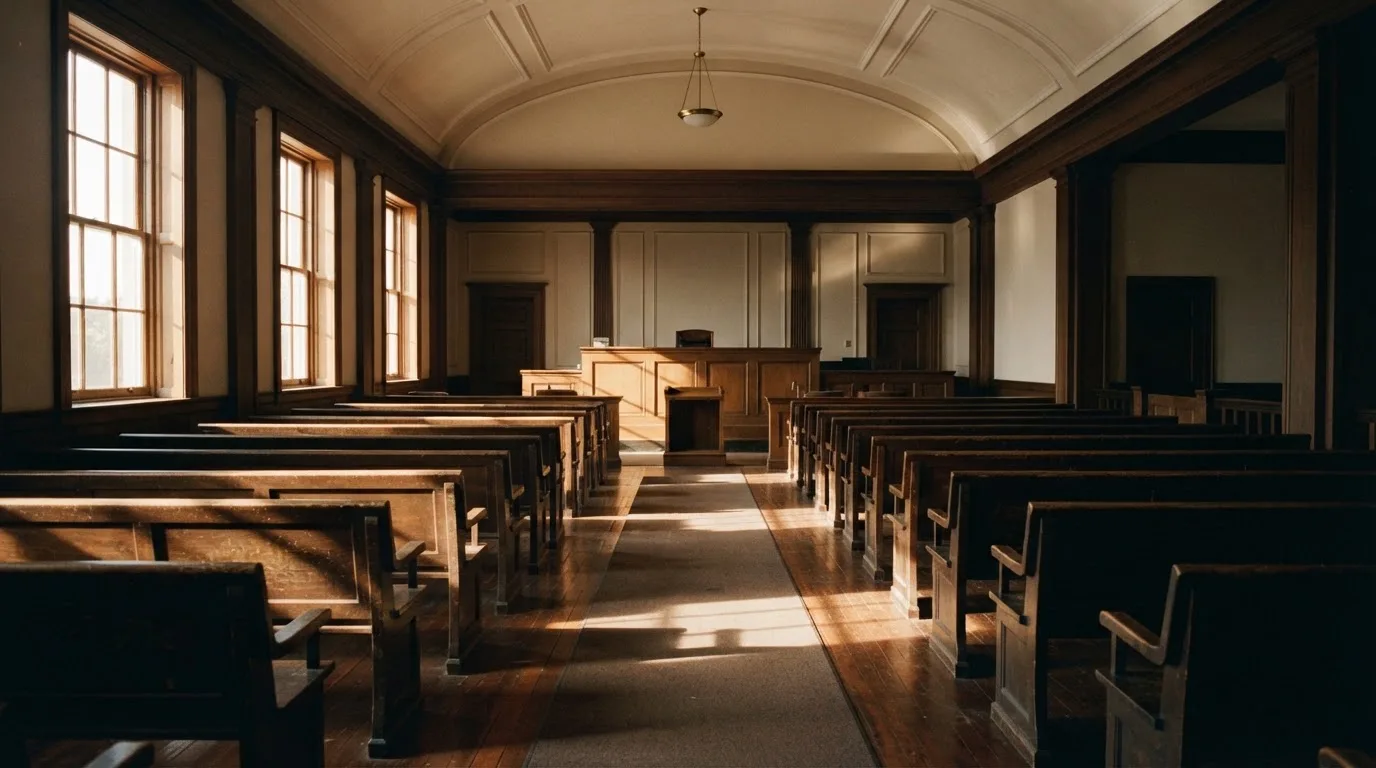 An empty courtroom with wooden benches in morning light