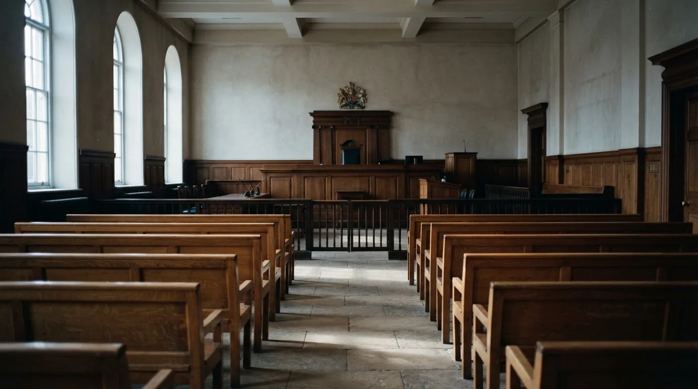 An empty courtroom with wooden benches in morning light
