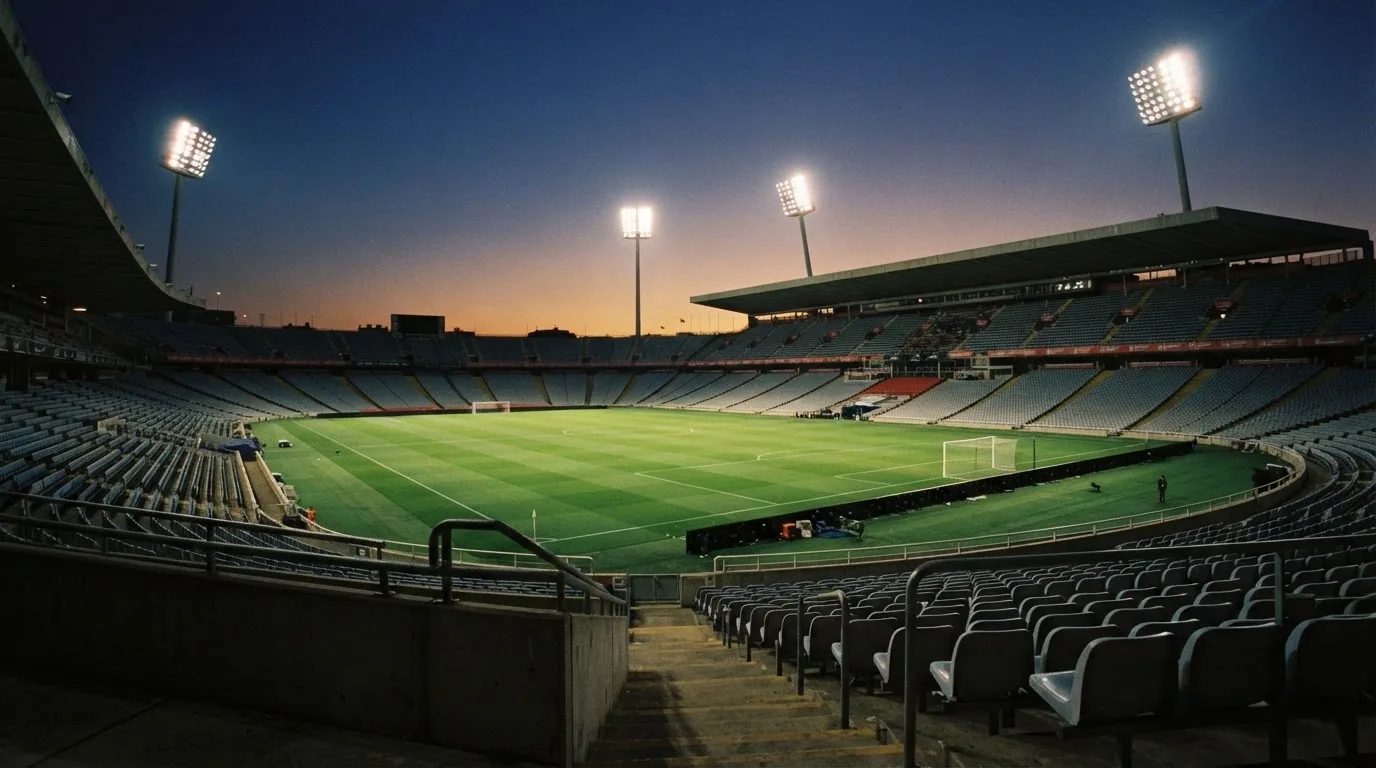 An empty football stadium with floodlight masts at dusk