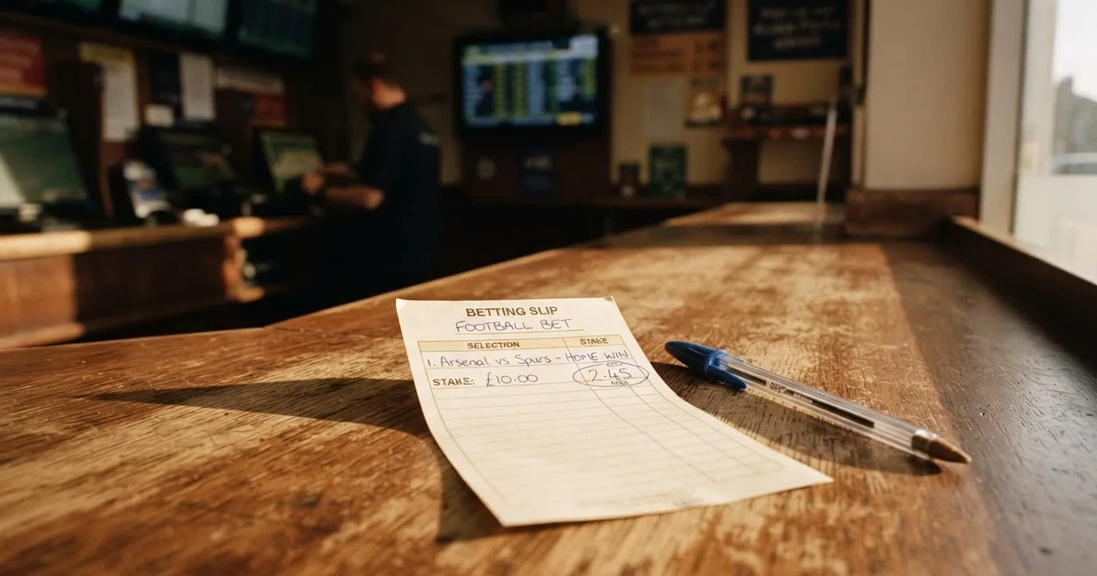 A blank paper betting slip beside a pen on a wooden counter