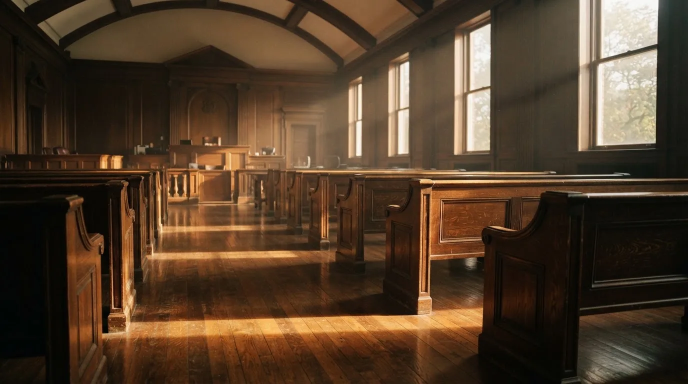 An empty courtroom with wooden benches in morning light