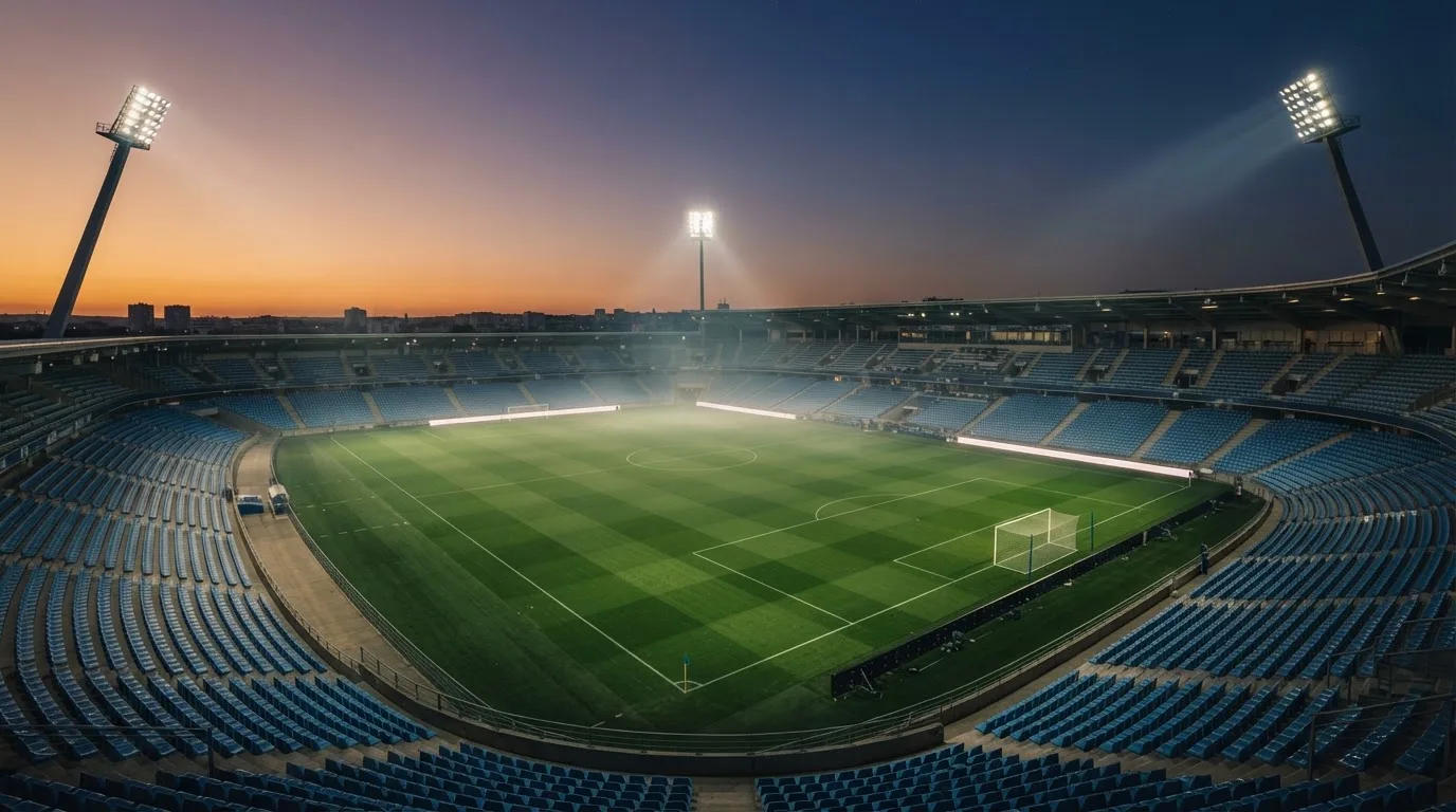 An empty football stadium with floodlight masts at dusk