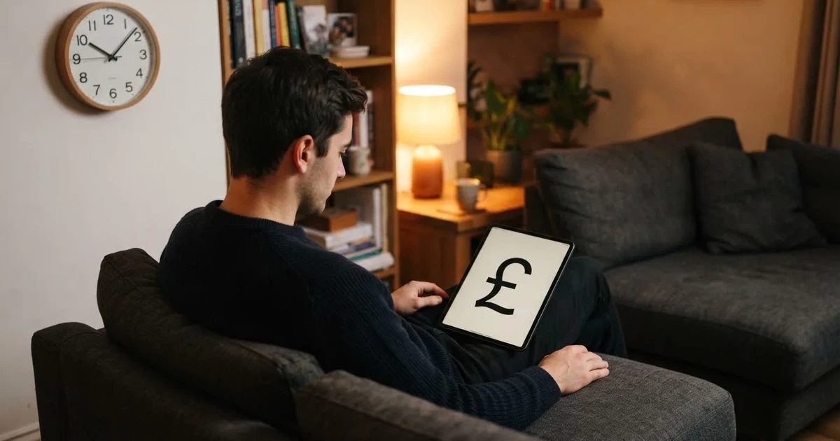 A person on a sofa looking thoughtfully at a tablet, a wall clock in the background