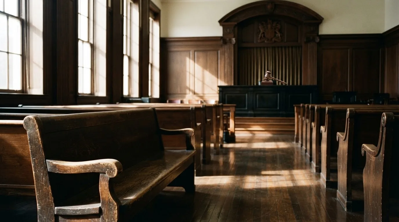 An empty courtroom with wooden benches in morning light