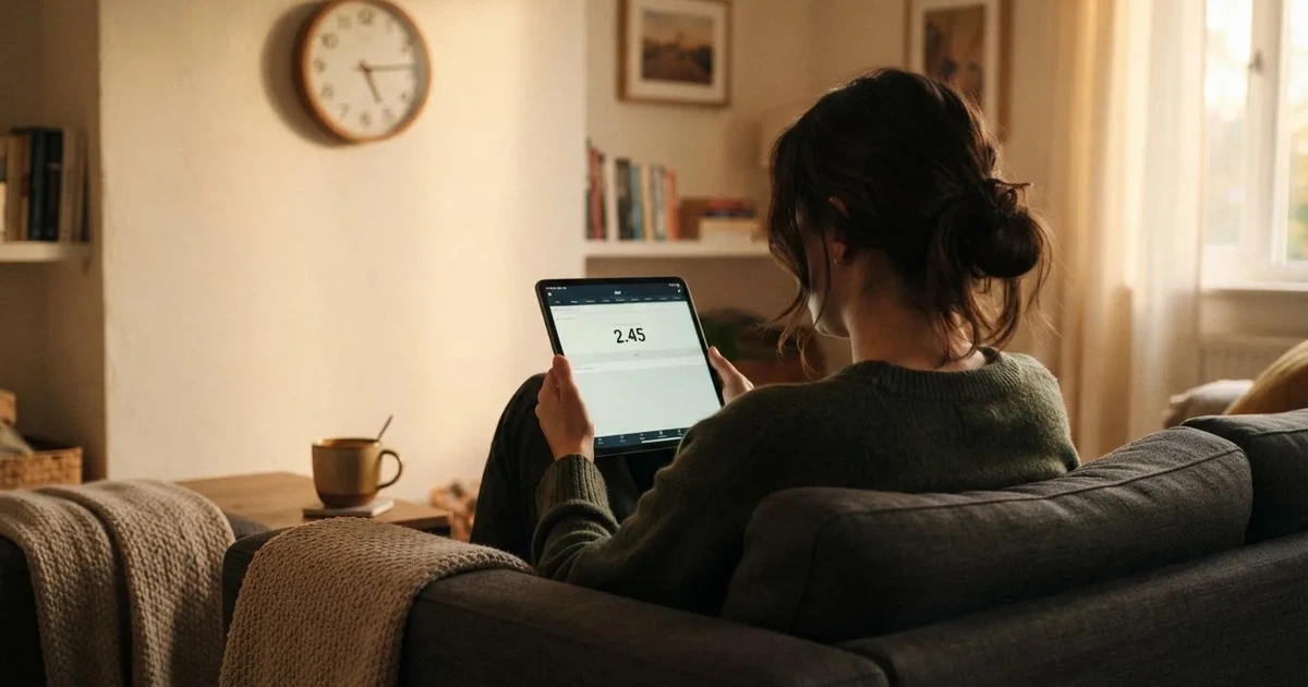 A person on a sofa looking thoughtfully at a tablet, a wall clock in the background