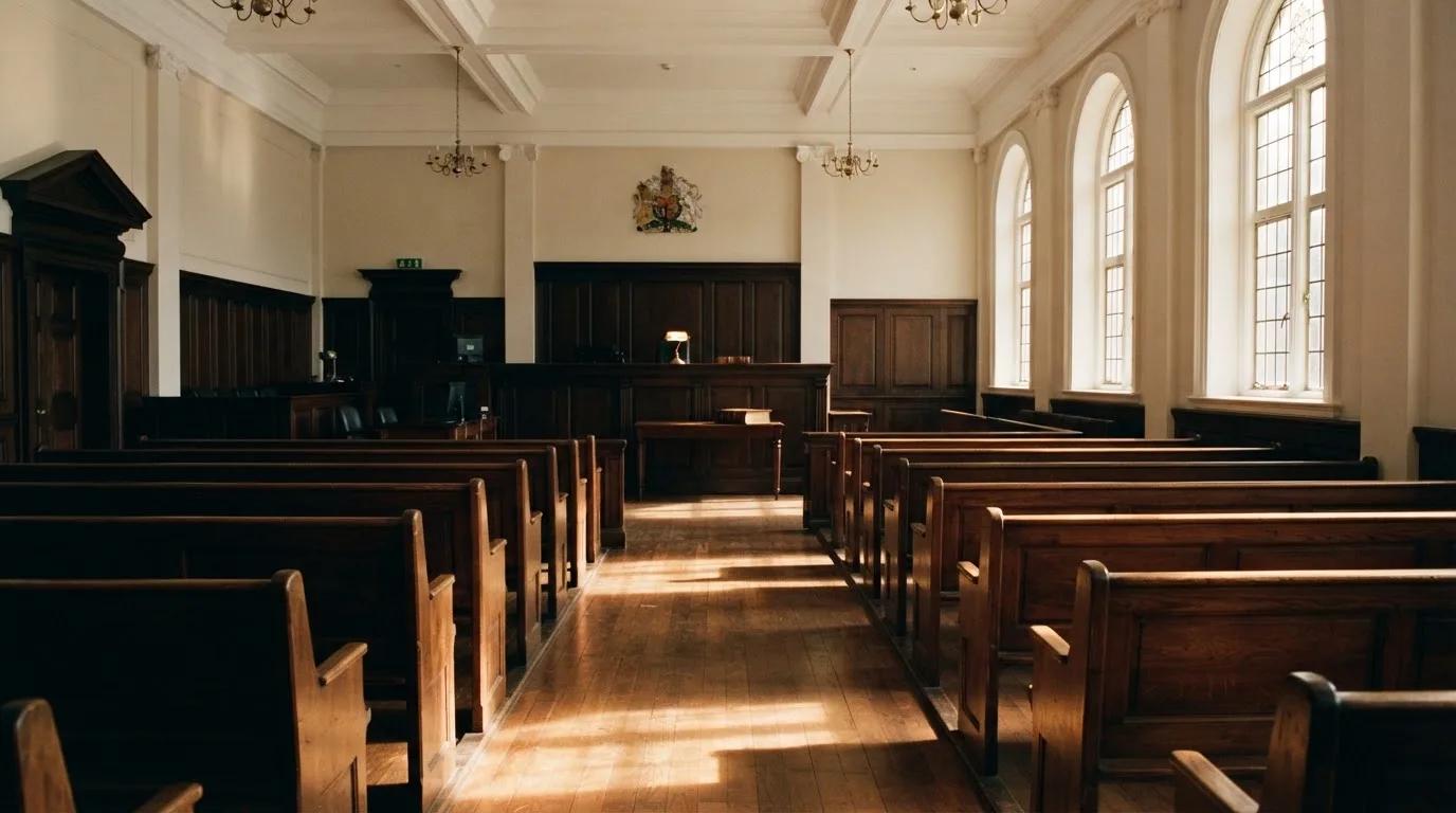 An empty courtroom with wooden benches in morning light