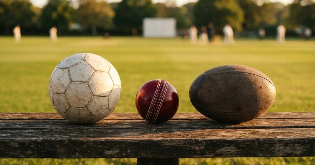 Three balls of different kinds side by side on a wooden bench