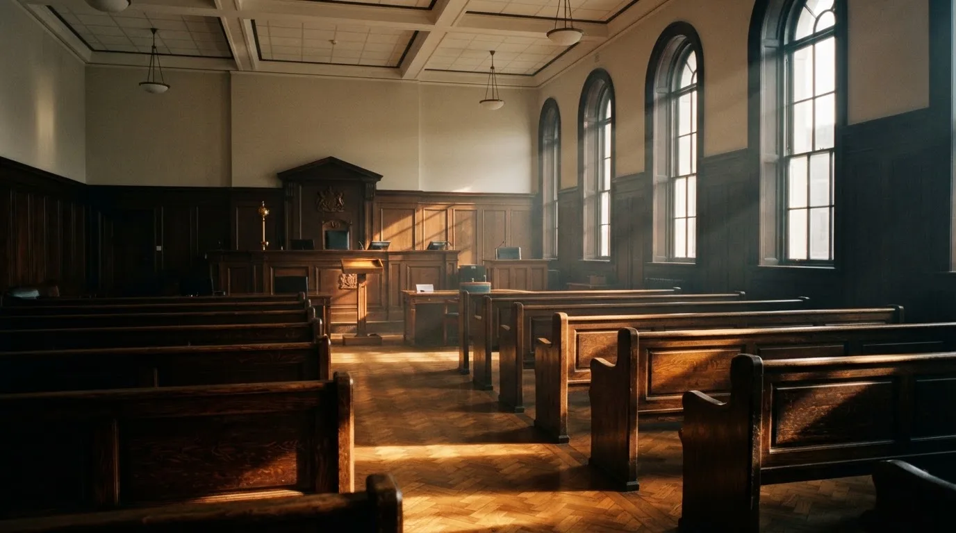 An empty courtroom with wooden benches in morning light