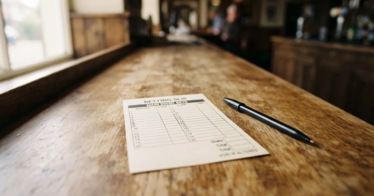 A blank paper betting slip beside a pen on a wooden counter
