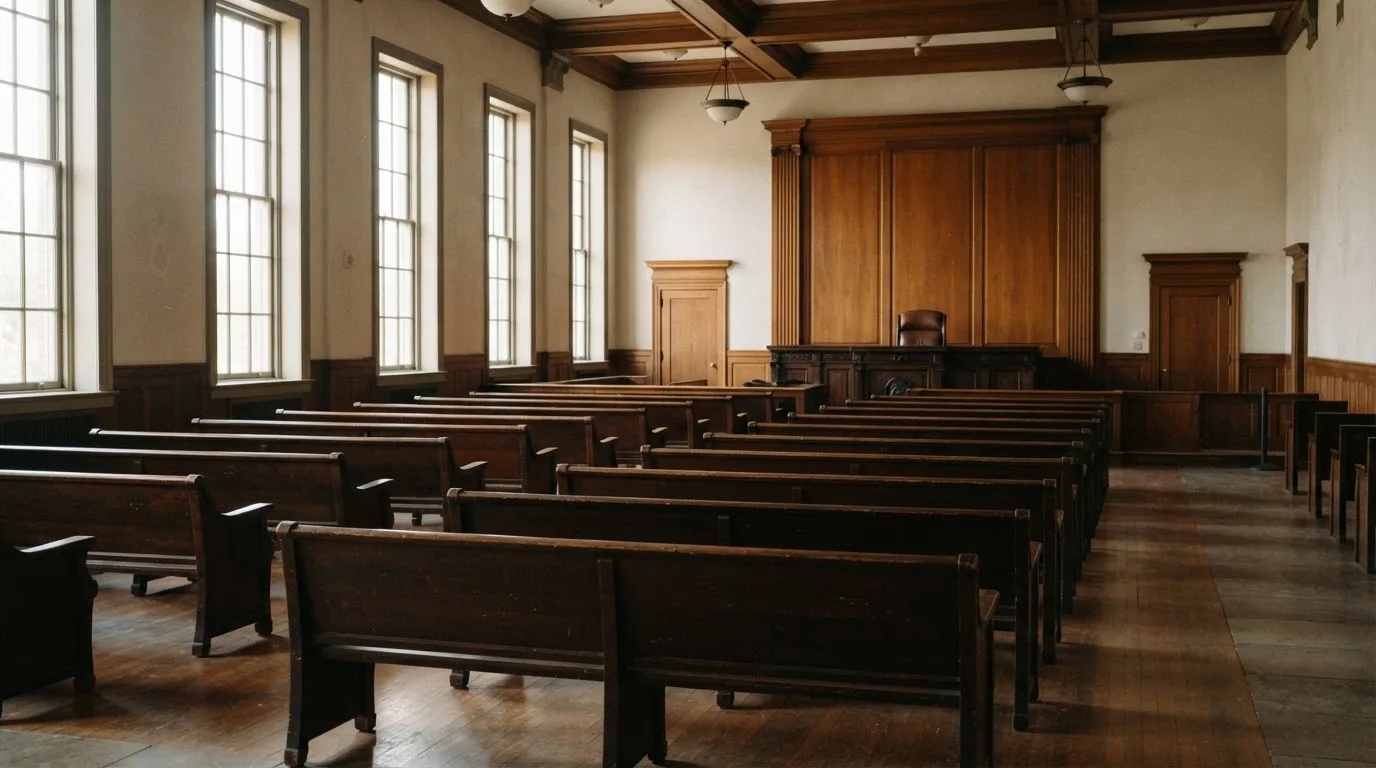 An empty courtroom with wooden benches in morning light