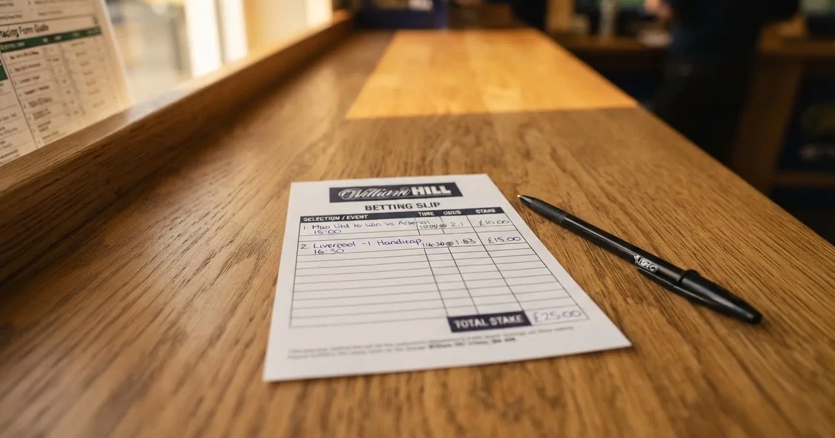 A blank paper betting slip beside a pen on a wooden counter