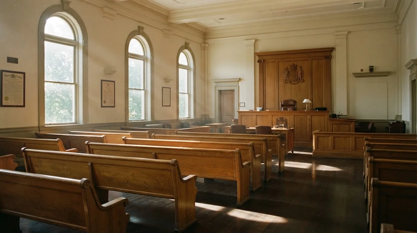 An empty courtroom with wooden benches in morning light