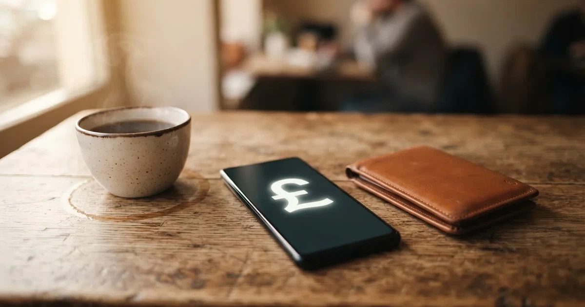 A smartphone on a wooden table beside a wallet and a coffee cup
