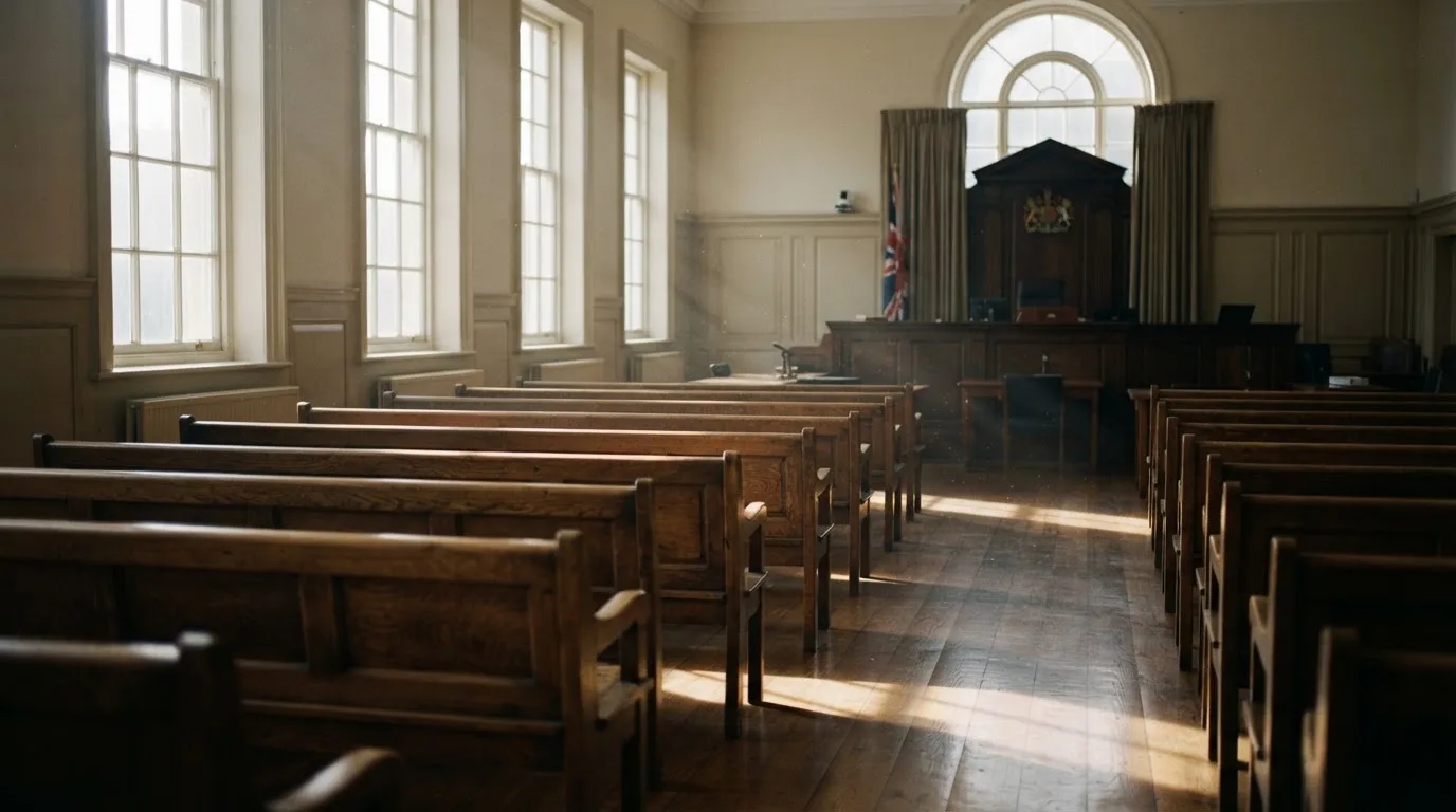An empty courtroom with wooden benches in morning light