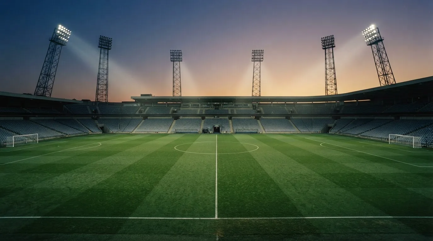 An empty football stadium with floodlight masts at dusk